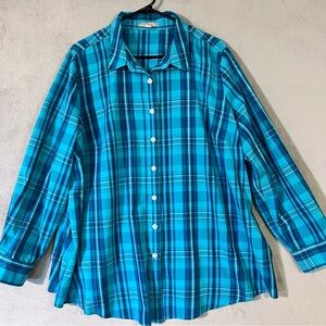 Women Within Plaid Button Up Shirt Aqua Teal Plus sz 1X Lightweight Long Sleeve